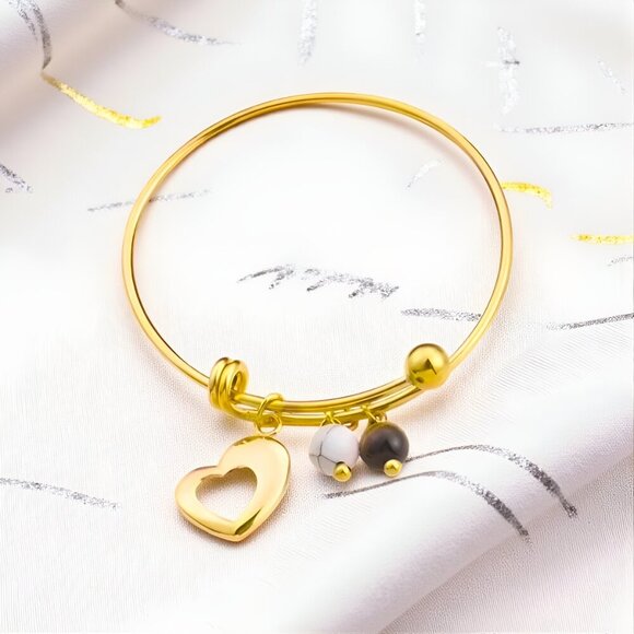 🆕️18K Gold Plated LARGE Boho Bangle with Heart Tiger's Eye & Magnesite Charms ✨ - Picture 4 of 11